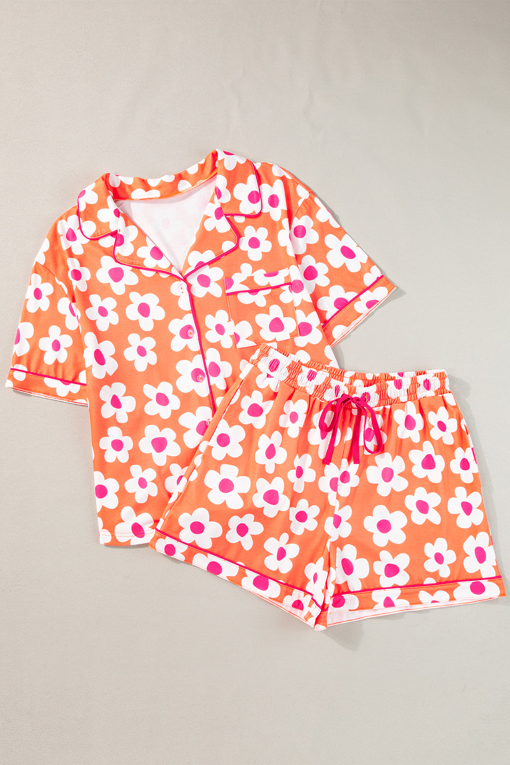 Flower Print Short Sleeve Shirt Pajamas Set | Orange