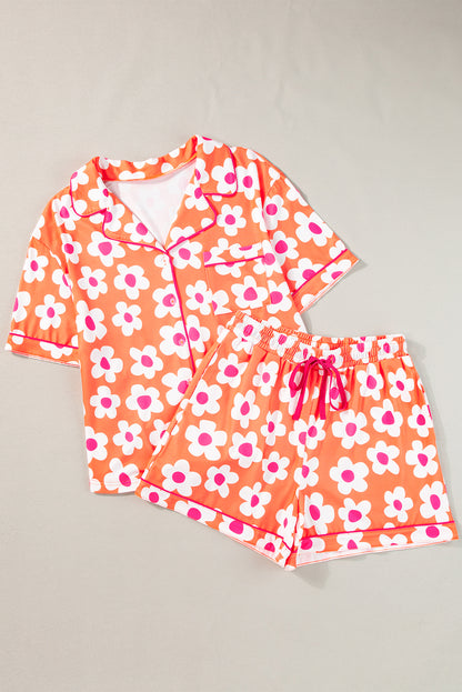 Flower Print Short Sleeve Shirt Pajamas Set | Orange