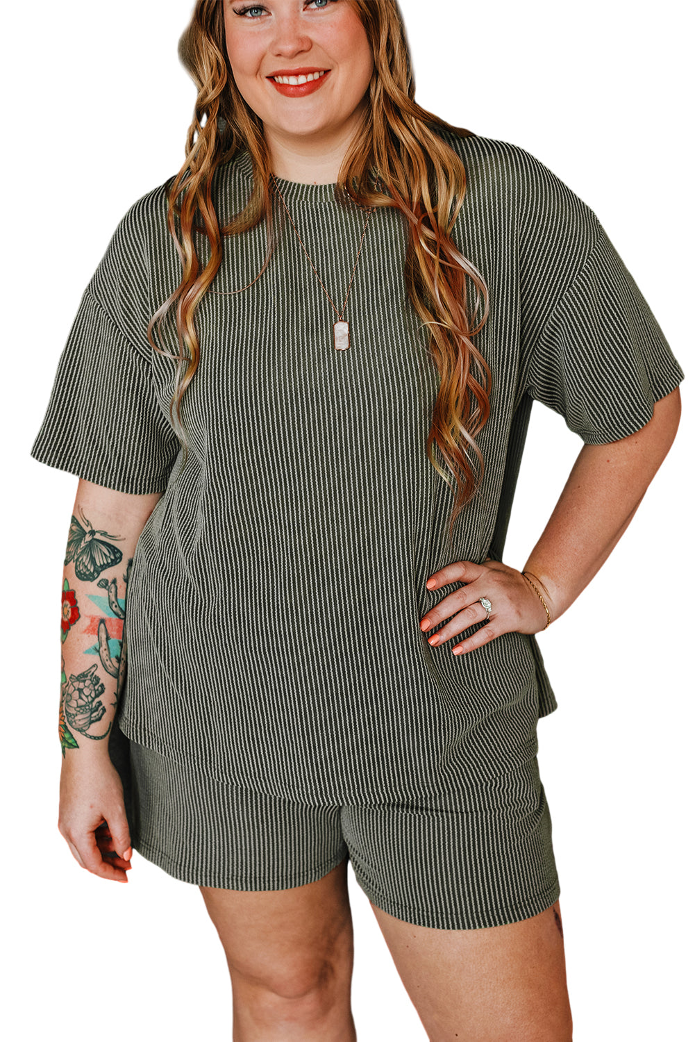 Plus Size Rib Knit Short Sleeve Top And Shorts Set | Moss Green