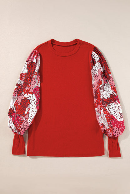 Contrast Mixed Animal Print Lantern Sleeve Patchwork Top | Fiery Red