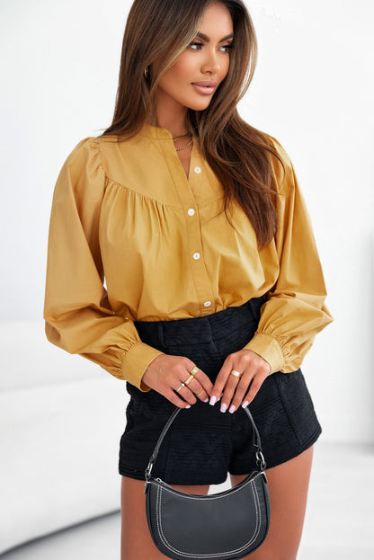 Puff Sleeve Pleated Loose Shirt | Yellow