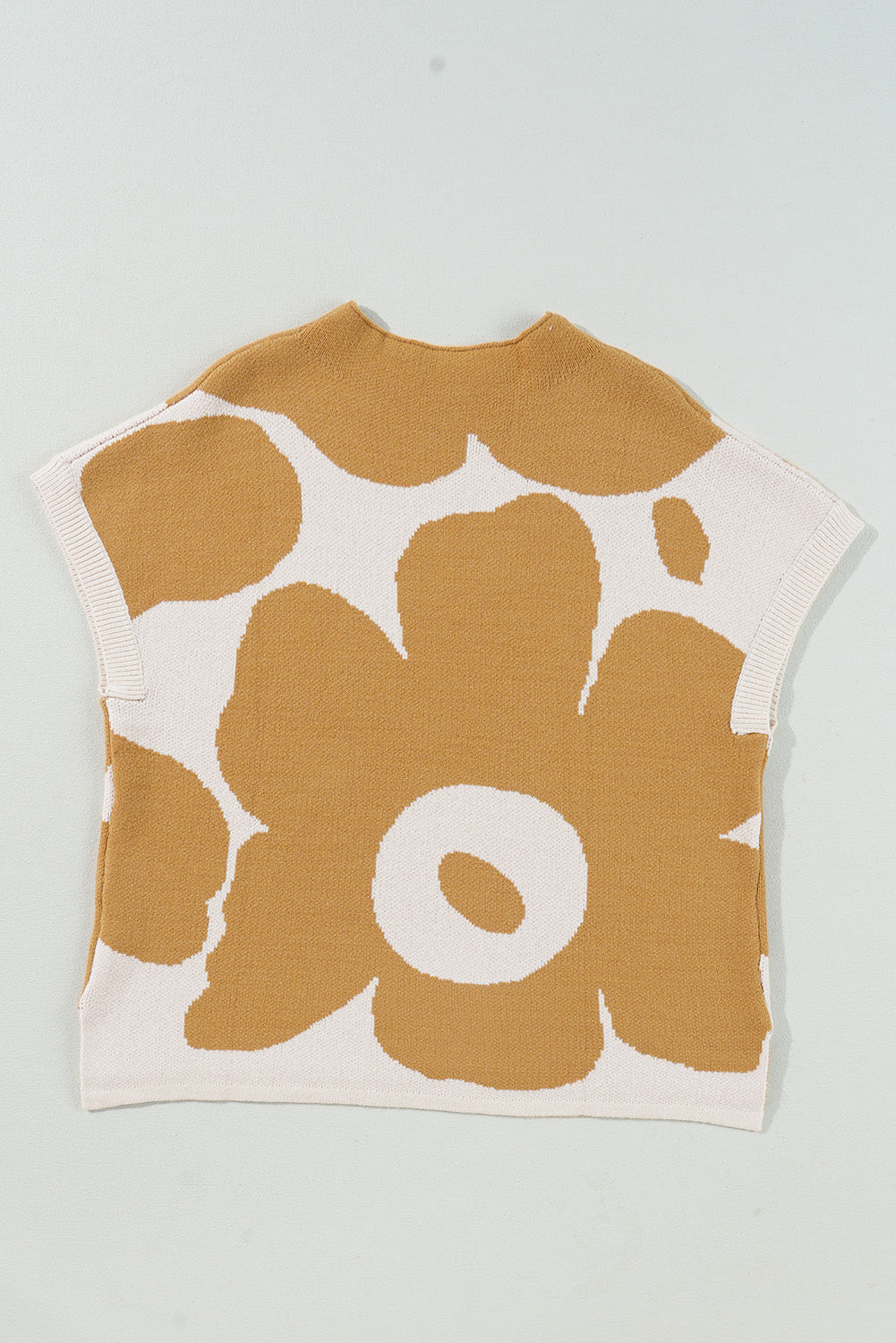 Big Flower Pattern Stand Neck Short Sleeve Sweater | Camel