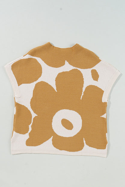 Big Flower Pattern Stand Neck Short Sleeve Sweater | Camel