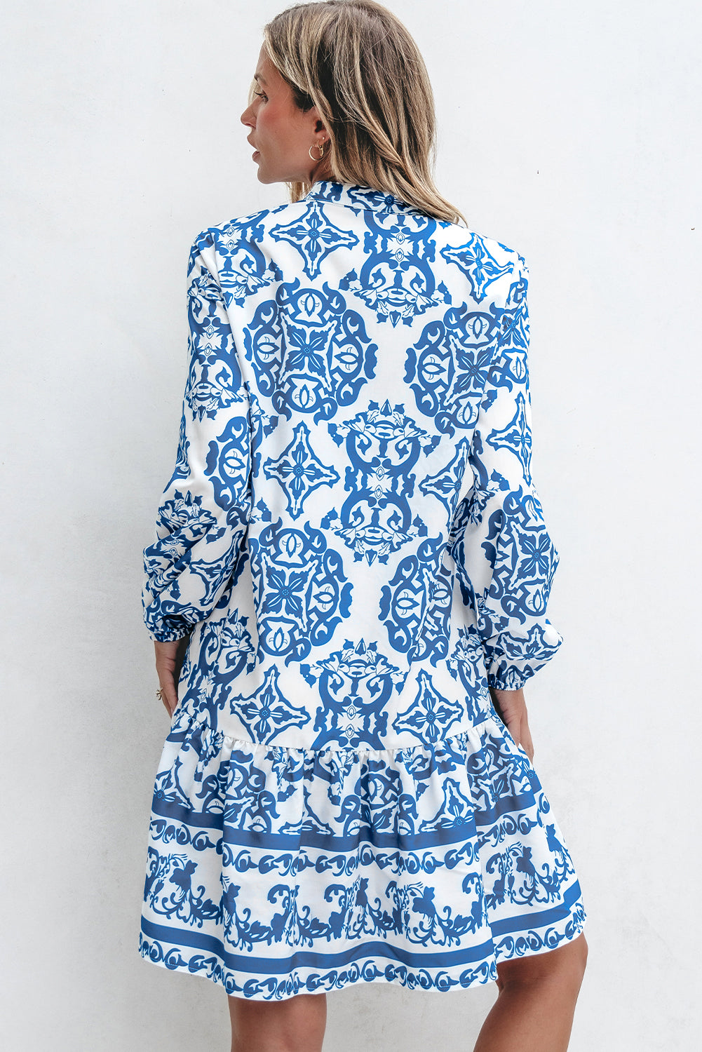 Tribal Print Button Up Notch Neck Loose Mini Dress | Sky Blue