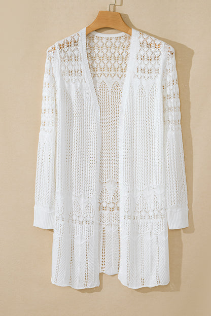 Crochet Hollow Out Open Front Cardigan | White