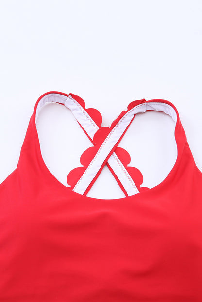 Scalloped Crossed Straps Cropped Bikini Top | Fiery Red