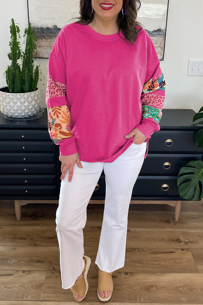 Plus Size Printed Patchwork Sleeve Split Sweatshirt | Rose Red