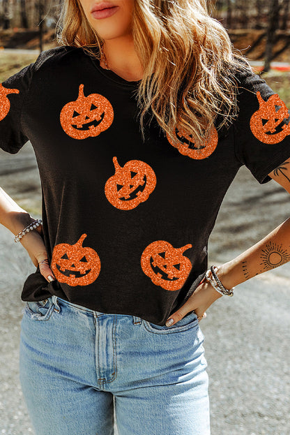 Glittering Pumpkin Face Graphic Crewneck Halloween T Shirt | Black