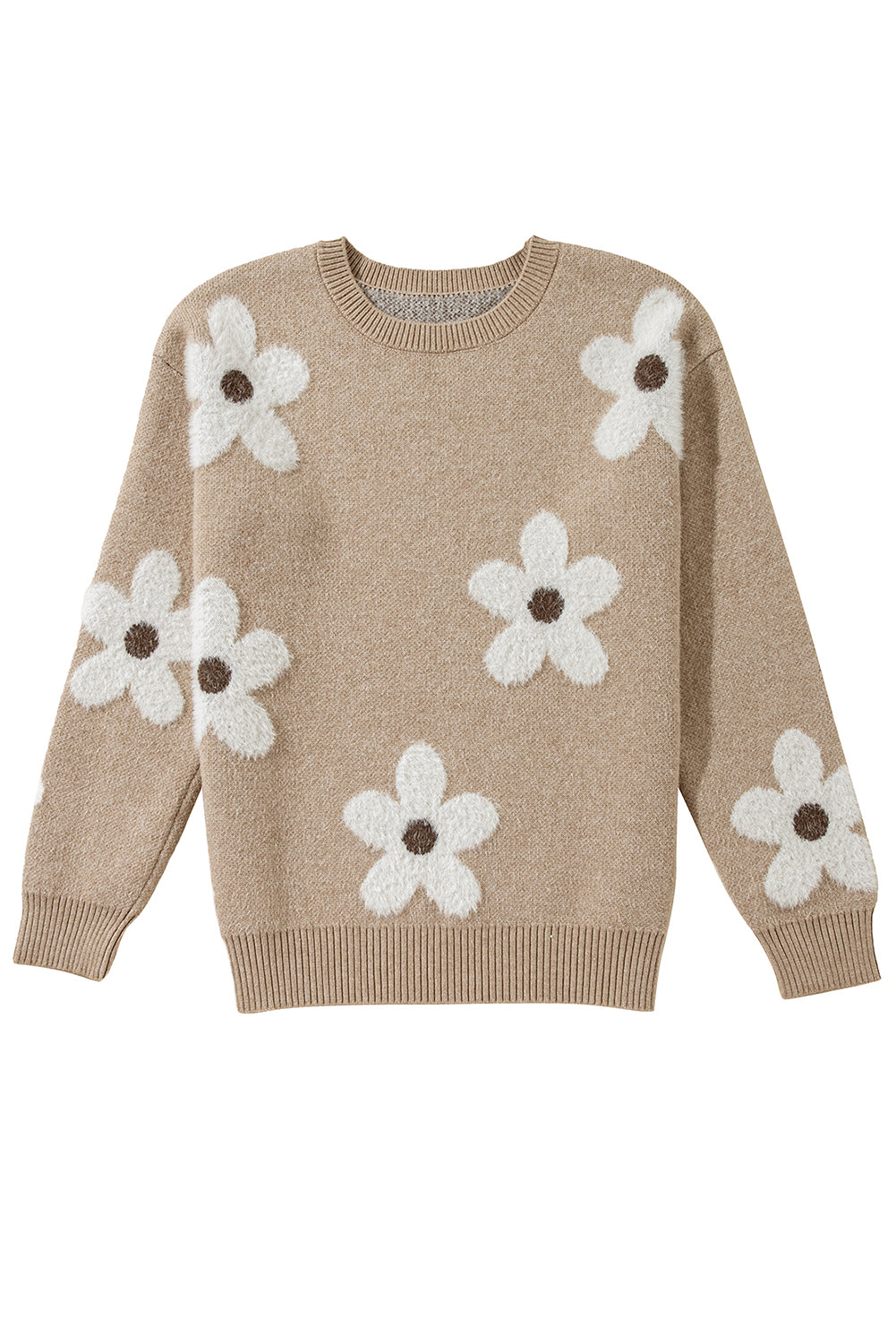 Flower Pattern Ribbed Trim Crew Neck Sweater | Parchment