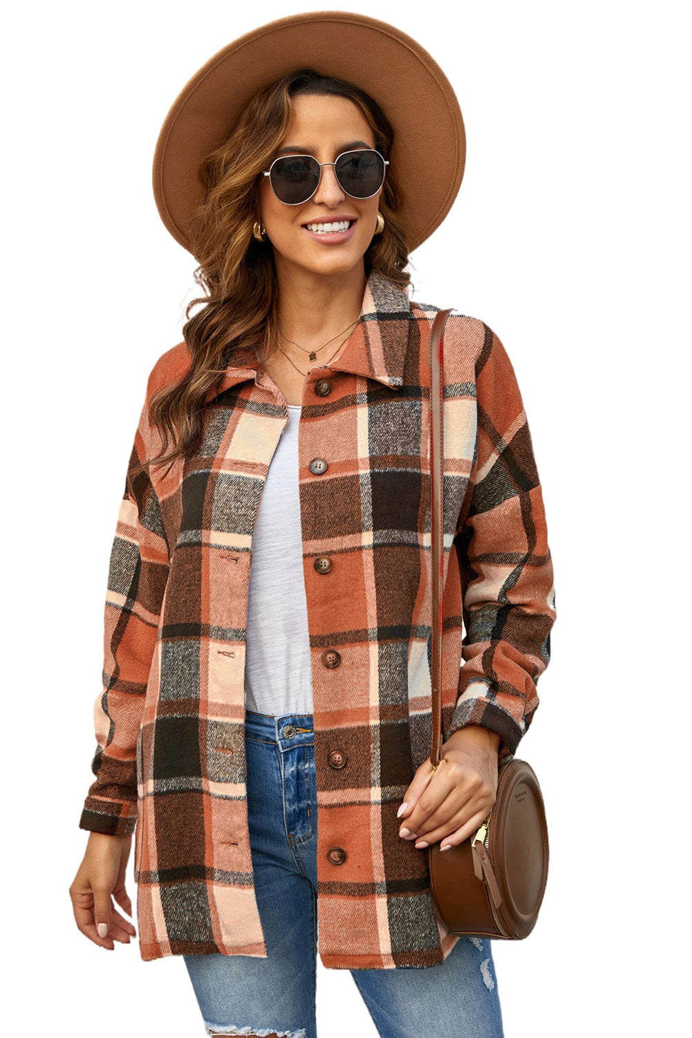 Plaid Print Buttoned Shirt Jacket | Orange