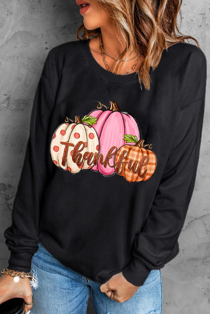 Pumpkin Thankful Drop Shoulder Thanksgiving Pullover Sweatshirt | Black