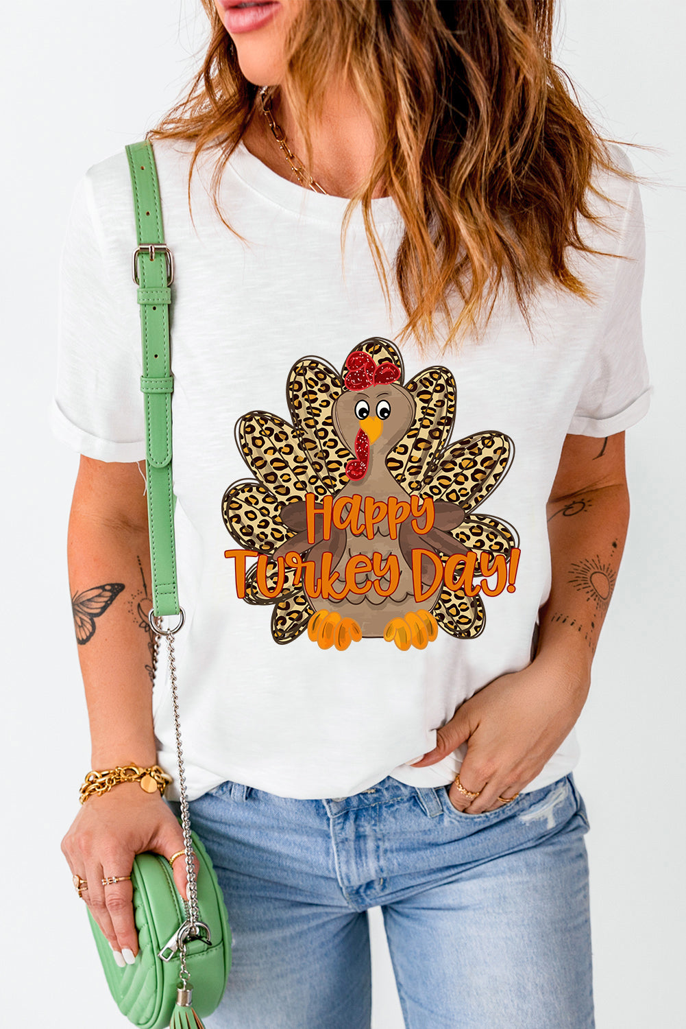 Happy Turkey Day Leopard Print Crew Neck Loose T Shirt | White