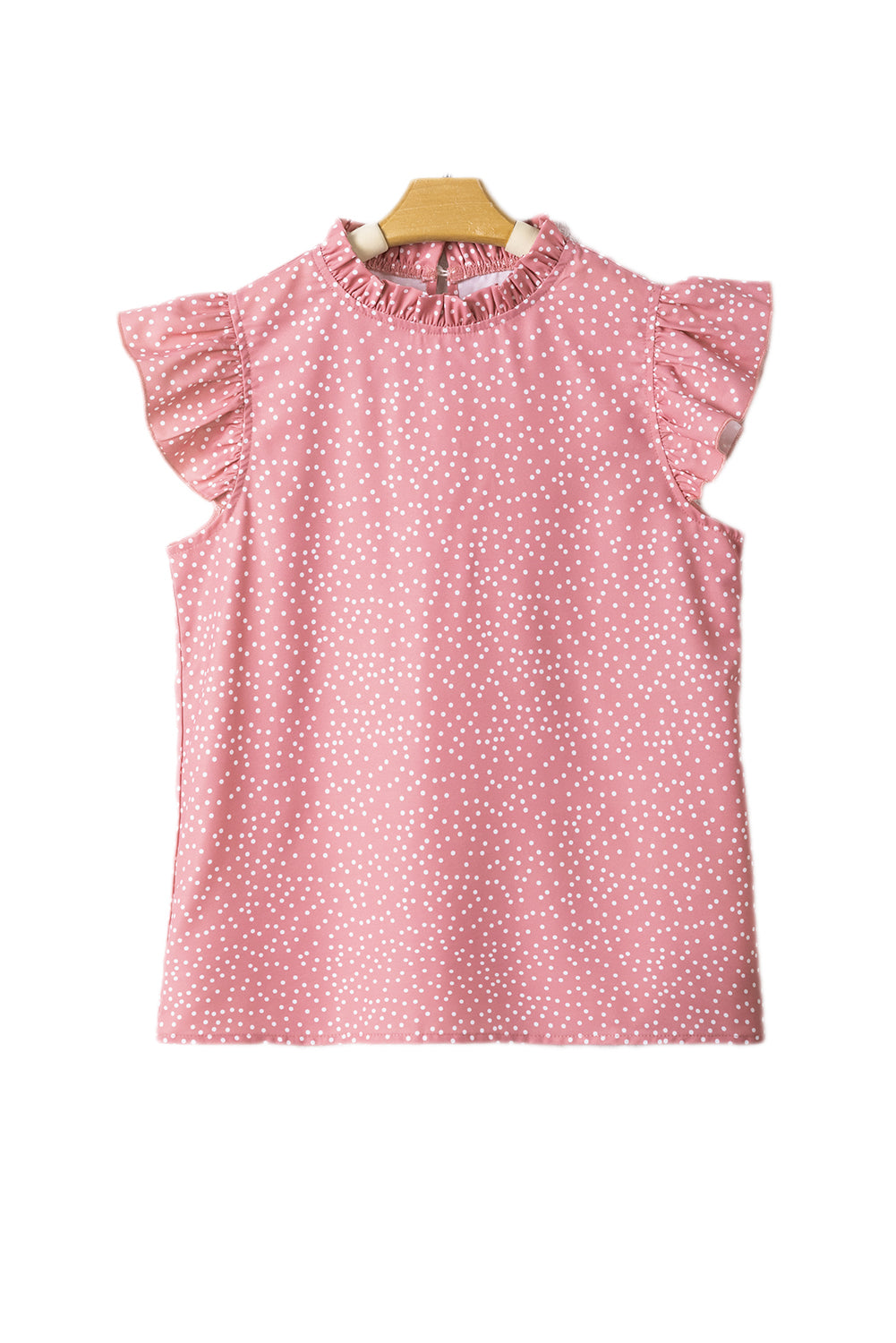 Polka Dots Ruffle Flutter Sleeve Frilled Neck Blouse | Pink