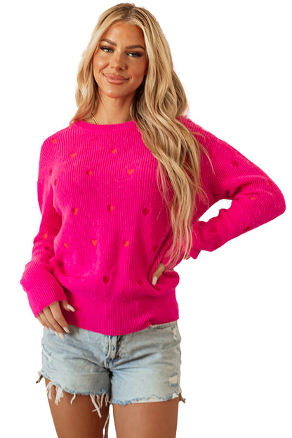 Heart Shape Drop Shoulder Round Neck Sweater | Rose Red