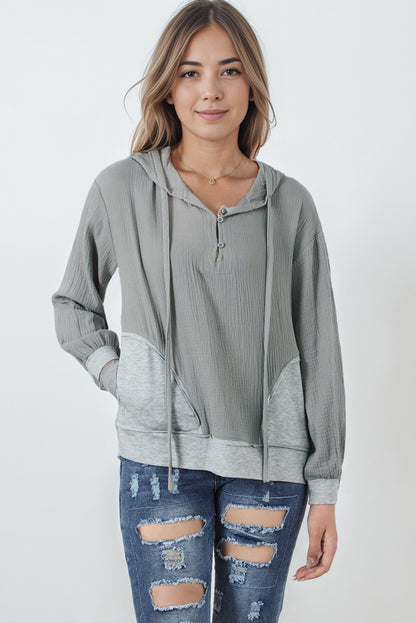 Contrast Patchwork Pullover Casual Hoodie | Gray