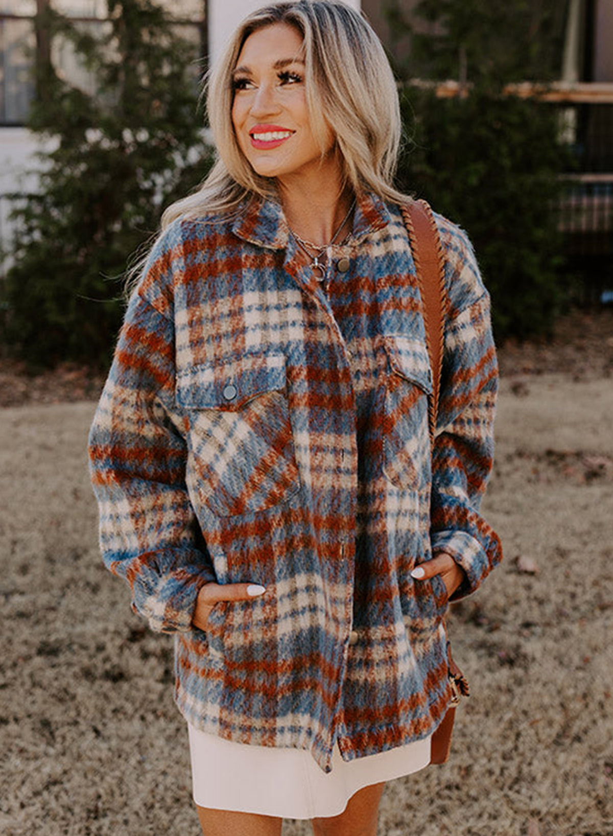 Plaid Print Chest Pockets Turn Down Collar Shacket | Cinnamon