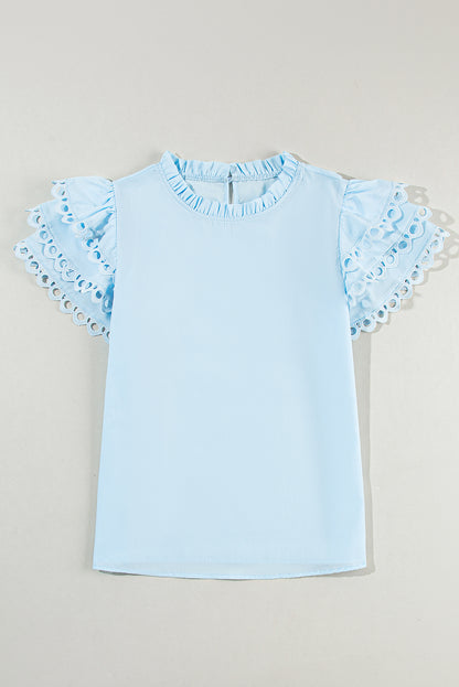 Layered Ric Rac Cap Sleeve Filled Neck Blouse | Beau Blue