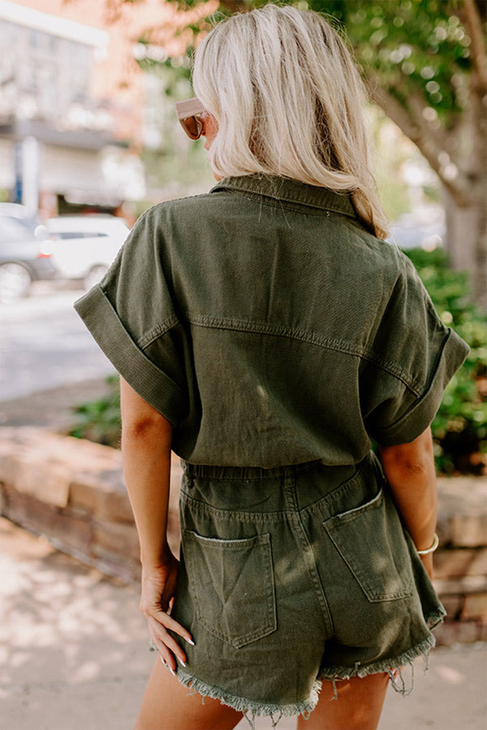 Distressed Frayed Denim Romper | Moss Green