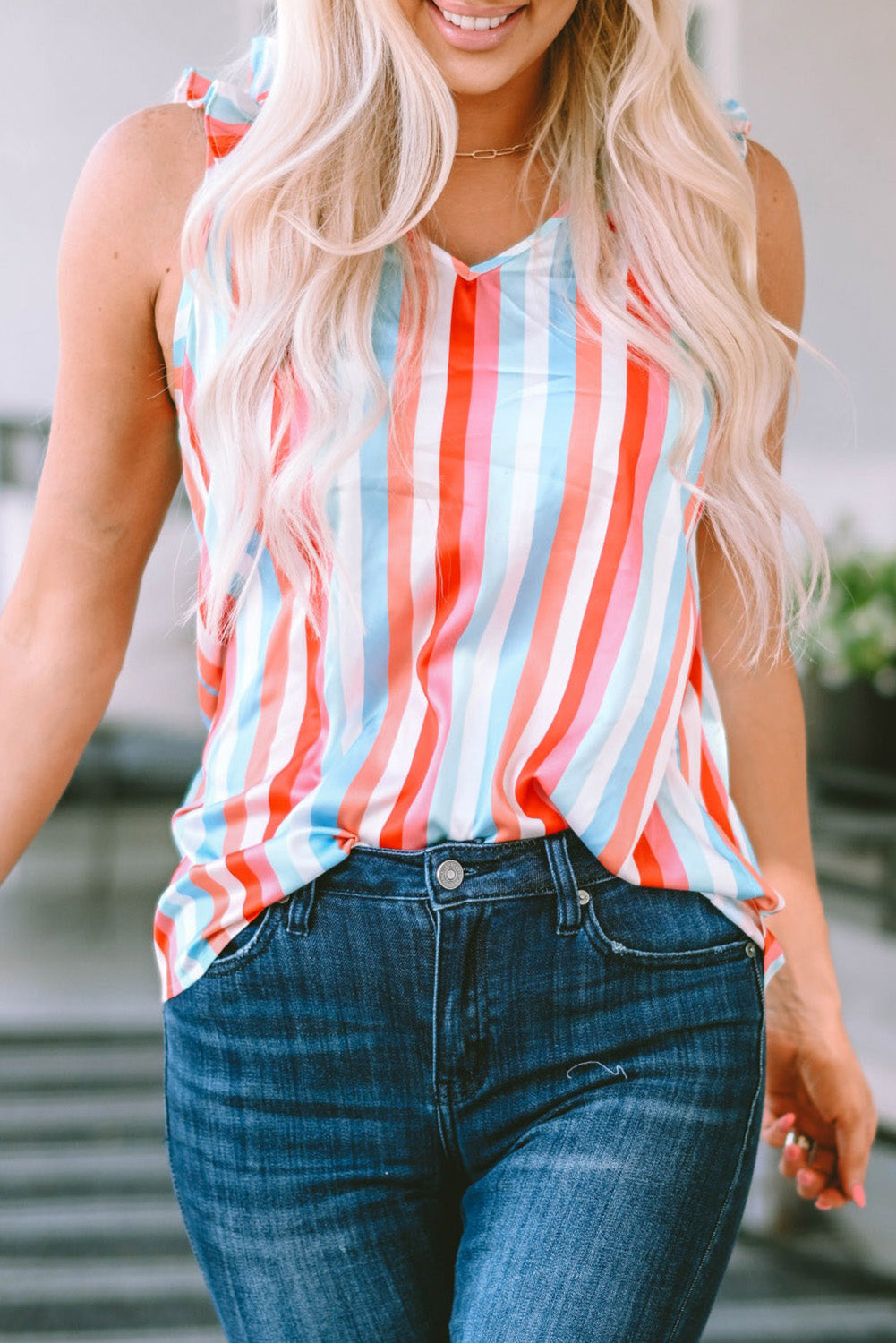 Striped V Neck Ruffle Straps Tank Top | Multicolour