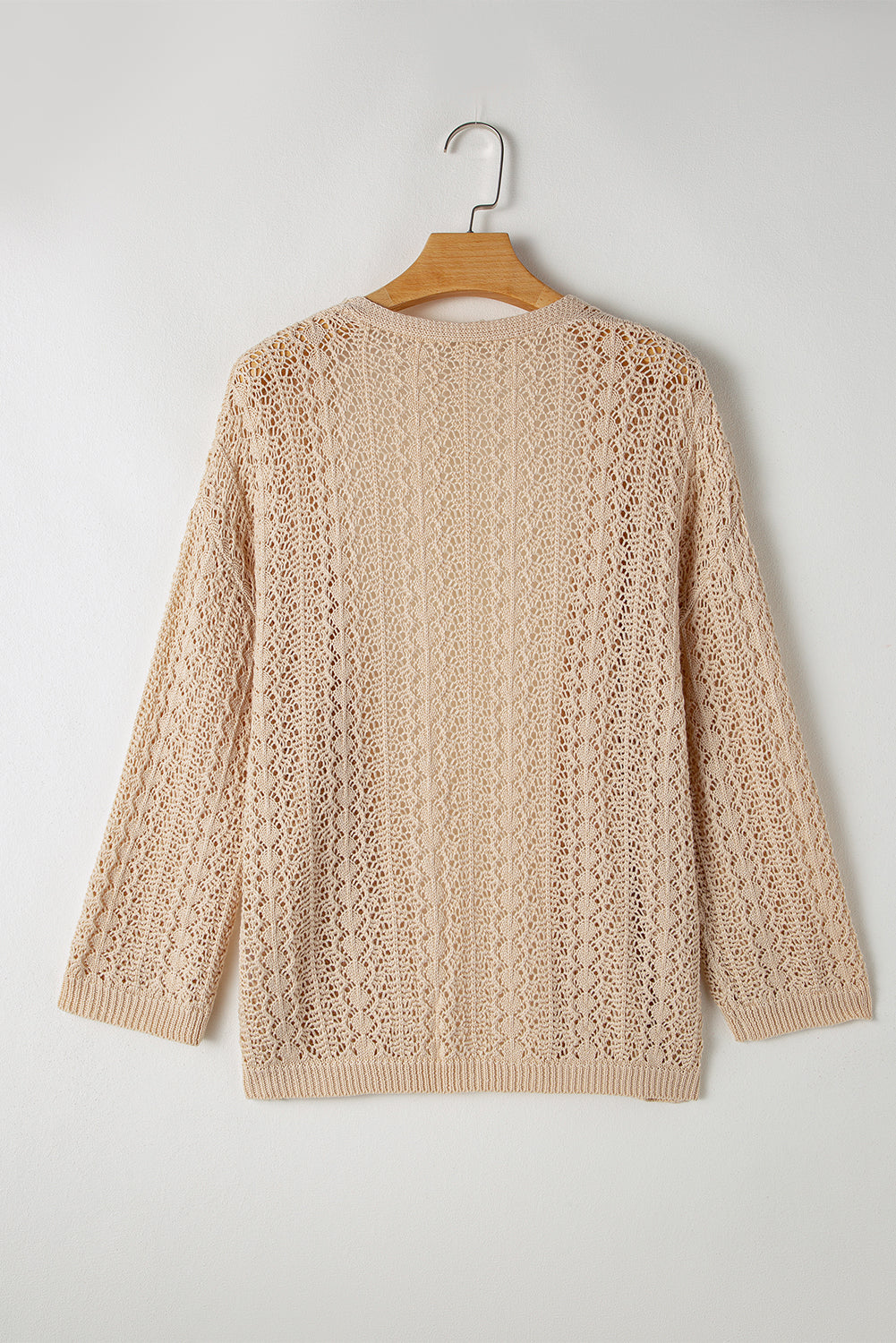 Hollow Out Knit Drop Shoulder Open Front Cardigan | Apricot