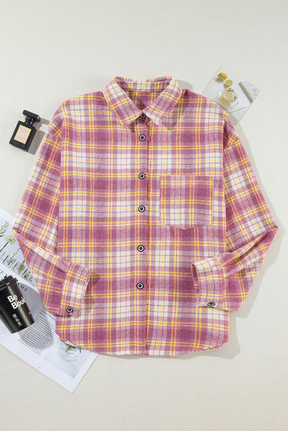 Plaid Print Chest Pocket Long Sleeve Shacket | Pink