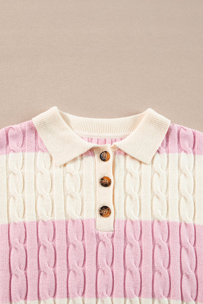 Cable Knit Collared Henley Sweater | Pink Stripe