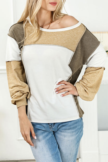 Exposed Seam Colour Block Patchwork Top | Khaki