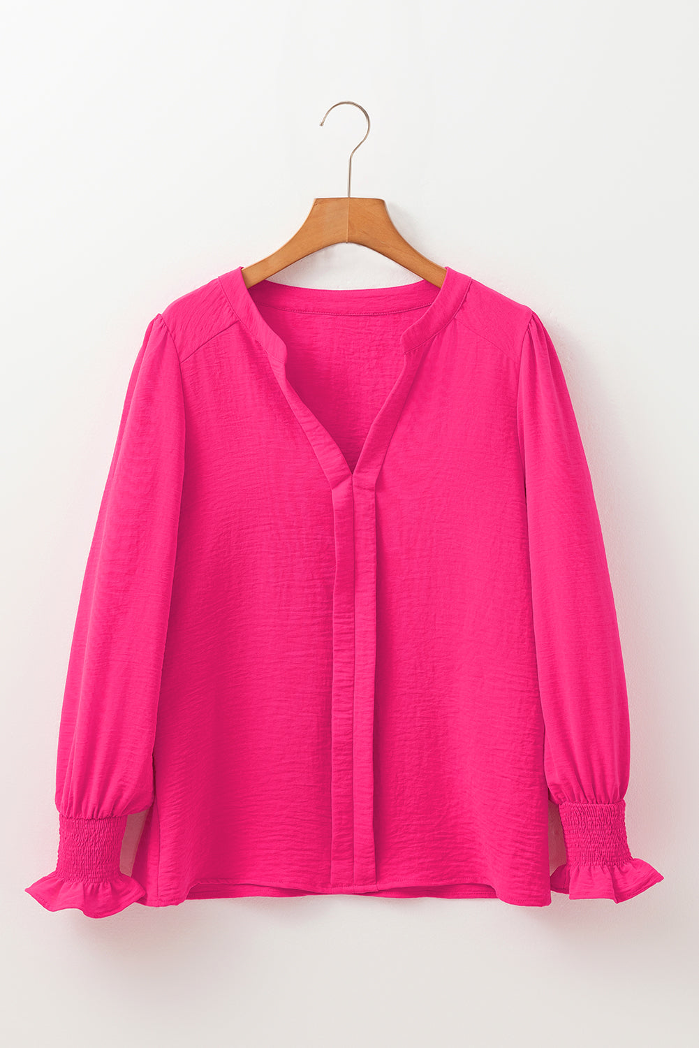 Solid Colour Shirred Cuff Notch V Neck Blouse | Rose Red