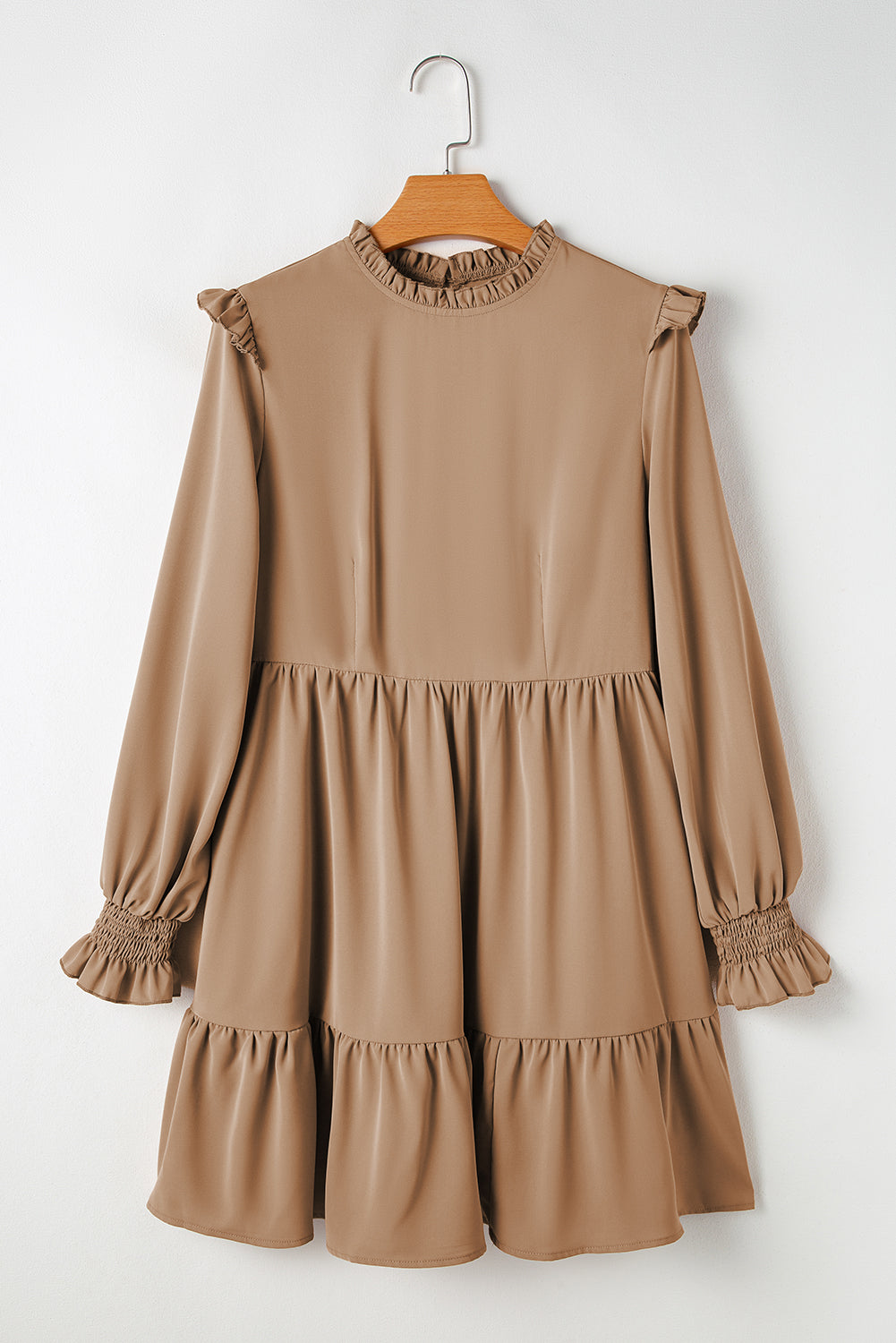 Frilled Collar Ruffled Shoulder Tiered Dress | Light French Beige