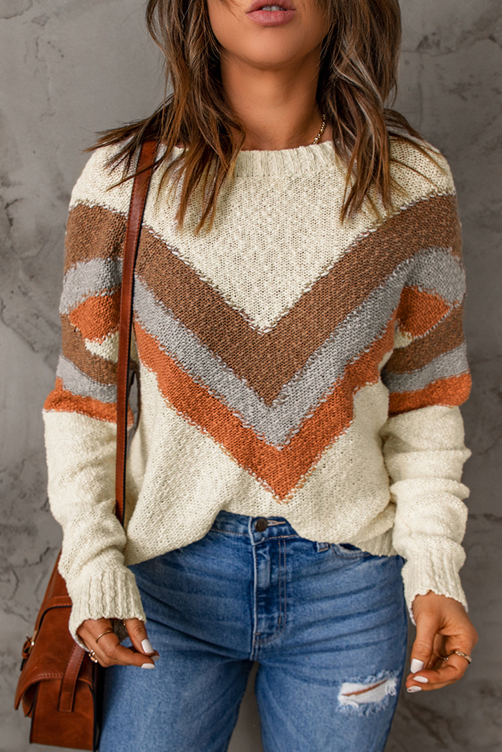 Chevron Striped Drop Shoulder Sweater | Beige