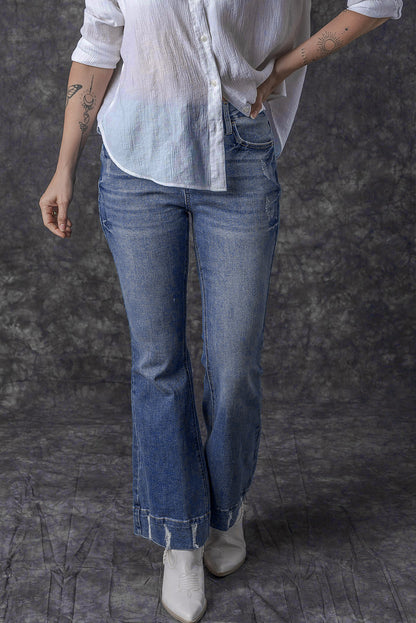 Slight Distressed Medium Wash Flare Jeans | Sky Blue