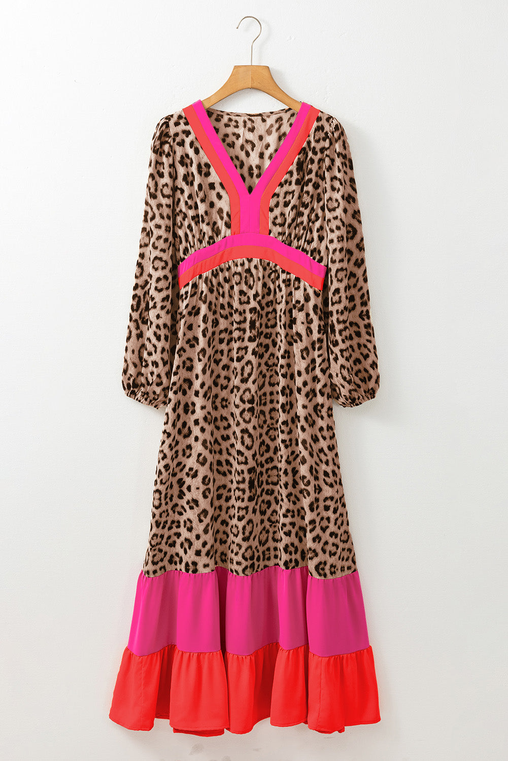 Leopard Colour Block V Neck Loose Fit Maxi Dress | Brown