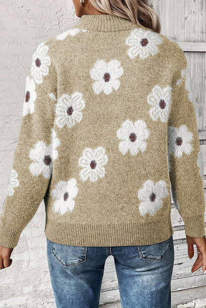 Floral Pattern Half Zip Drop Shoulder Sweater | Khaki