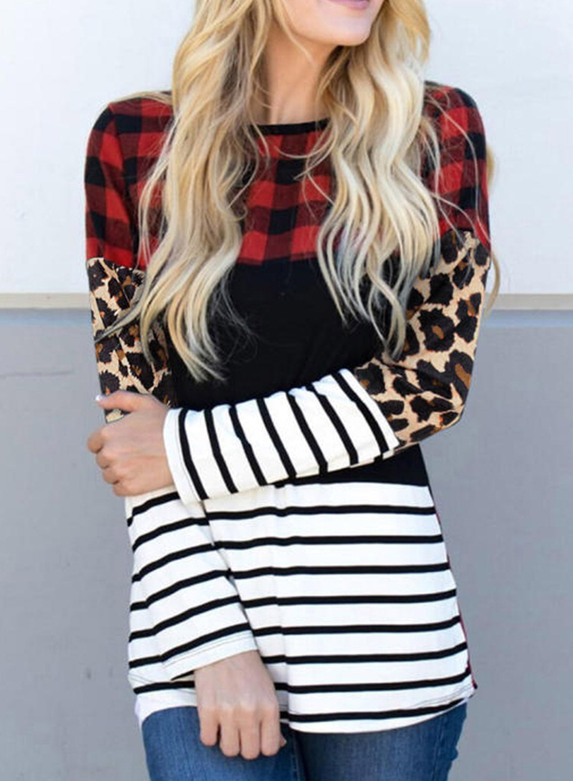 Plaid Print  Splicing Striped Colour Block Long Sleeve Top | Leopard