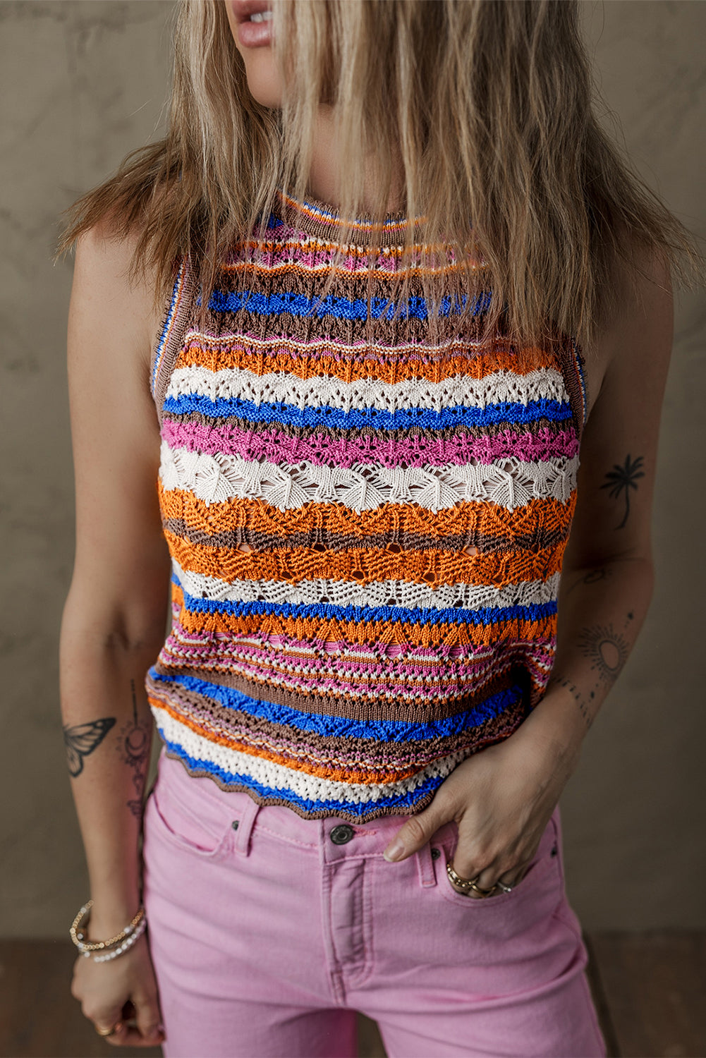 Striped Textured Knit Crew Neck Sweater Vest | Dark Blue