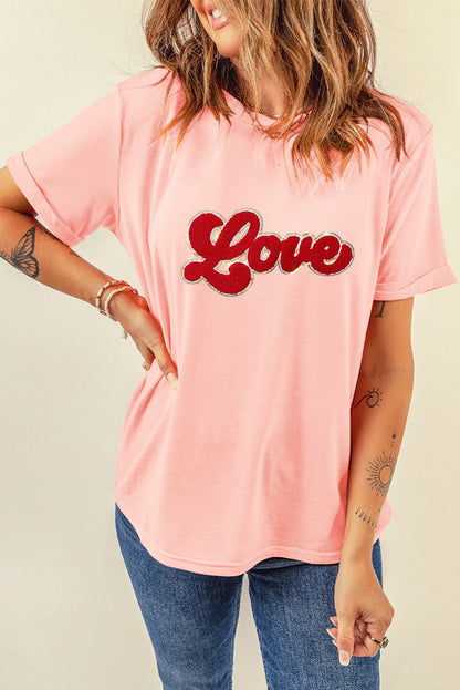 Chenille Love Patched Pattern Round Neck Valentines T Shirt | Pink