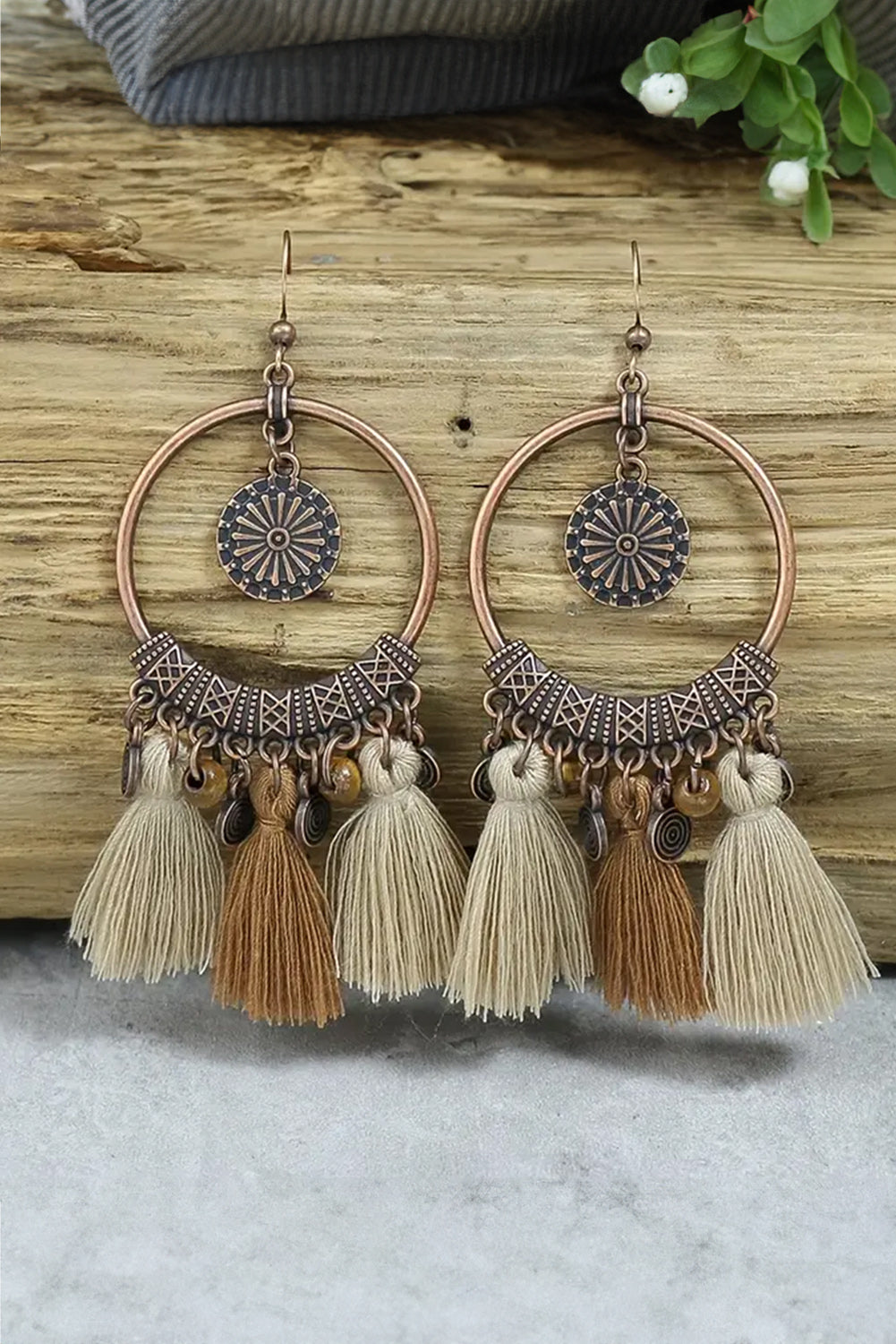 Boho Round Tasseled Dangle Earrings | Beige