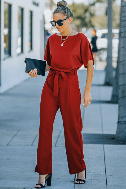 Fiery  Belted Wide Leg Jumpsuit | Red