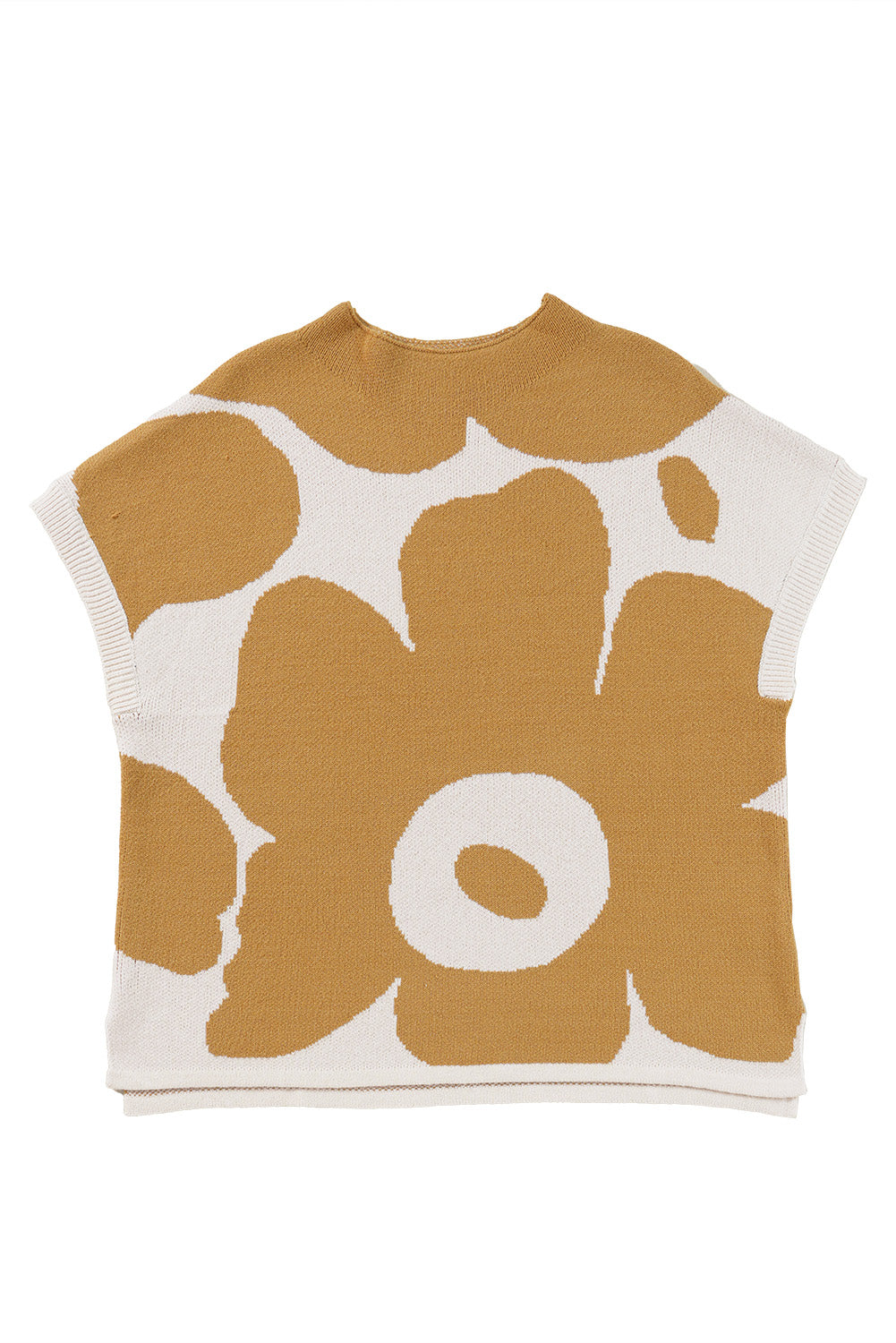 Big Flower Pattern Stand Neck Short Sleeve Sweater | Camel