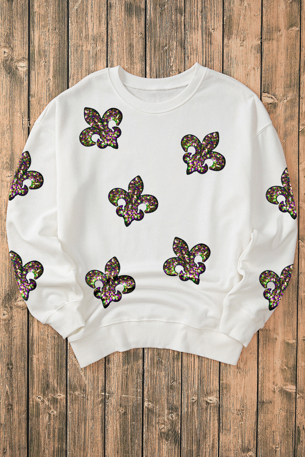 Sequined Fleur De Lis Drop Shoulder Sweatshirt | White