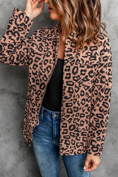 Lapel Collar Zipper Drawstring Leopard Coat | Brown