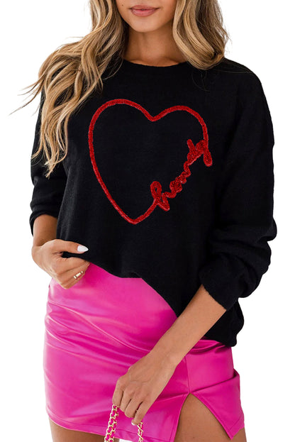 Howdy Heart Graphic Round Neck Casual Sweater | Black