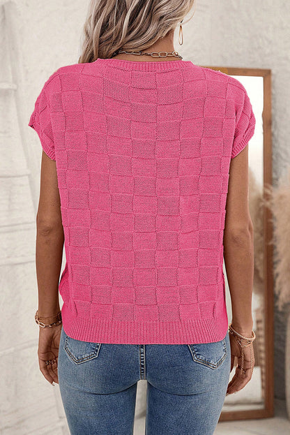 Lattice Textured Knit Short Sleeve Sweater | Bright Pink