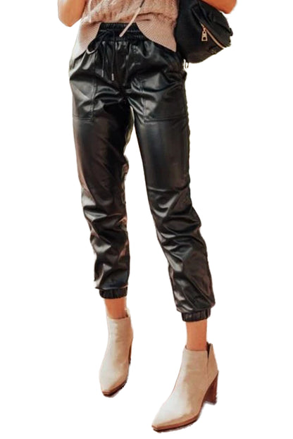 Faux Leather Ankle Smocked Waist Drawstring Joggers | Black