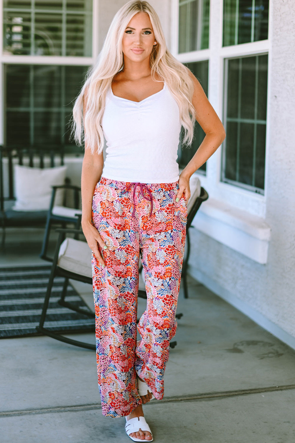 Fiery  Gorgeous Print Drawstring Smocked High Waist Pants | Red