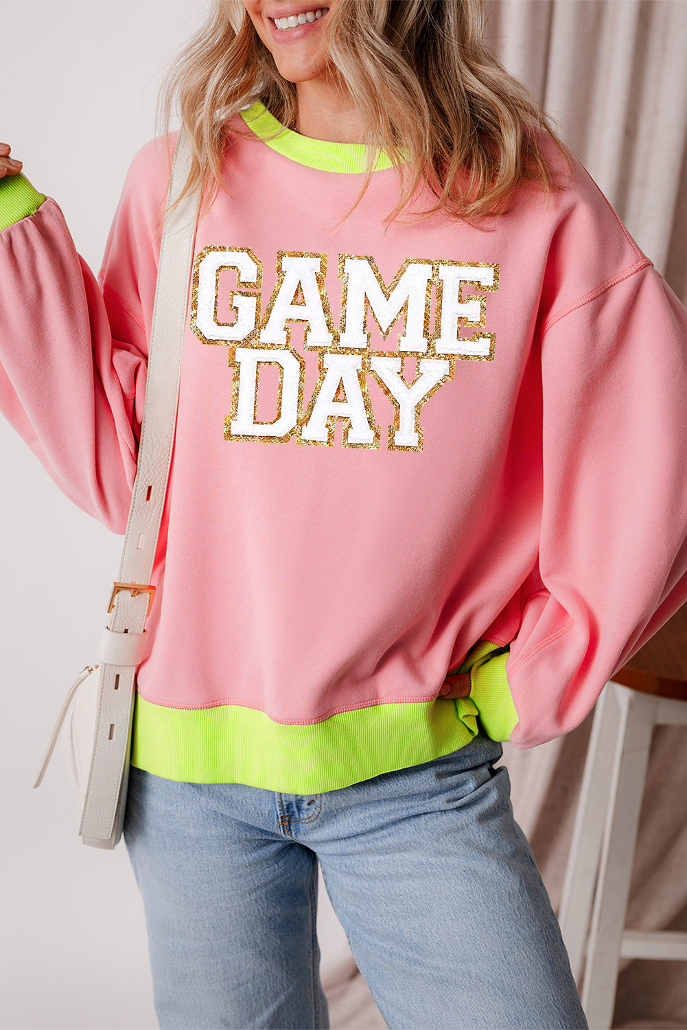 Game Day Glitter Colour Block Crew Neck Sweatshirt | Pink