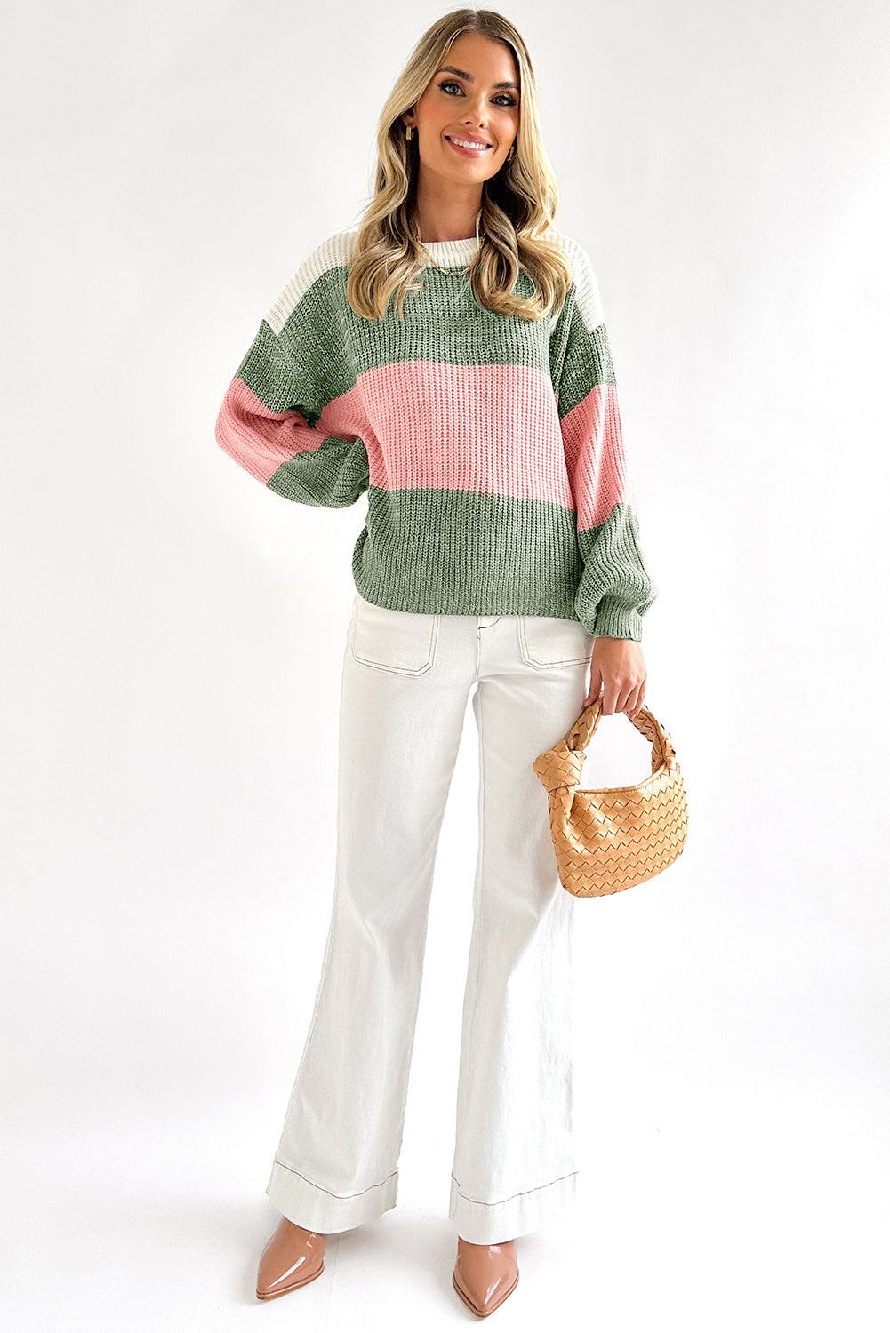 Colourblock Drop Shoulder Pullover Loose Sweater | Green