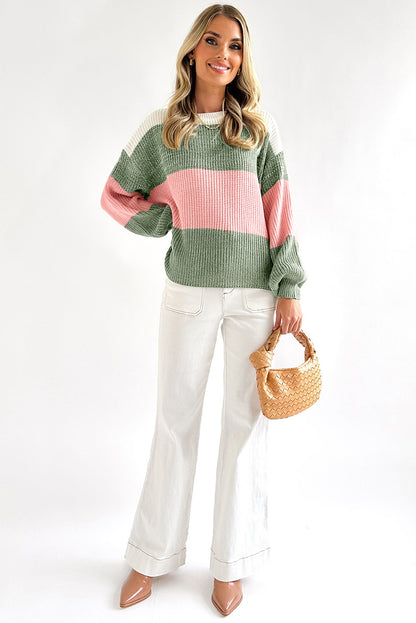 Colourblock Drop Shoulder Pullover Loose Sweater | Green