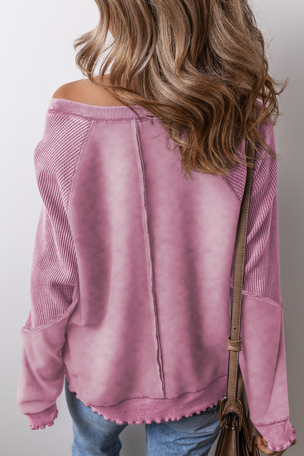 Solid Waffle Knit Patchwork Raglan Sleeve Sweatshirt | Pink