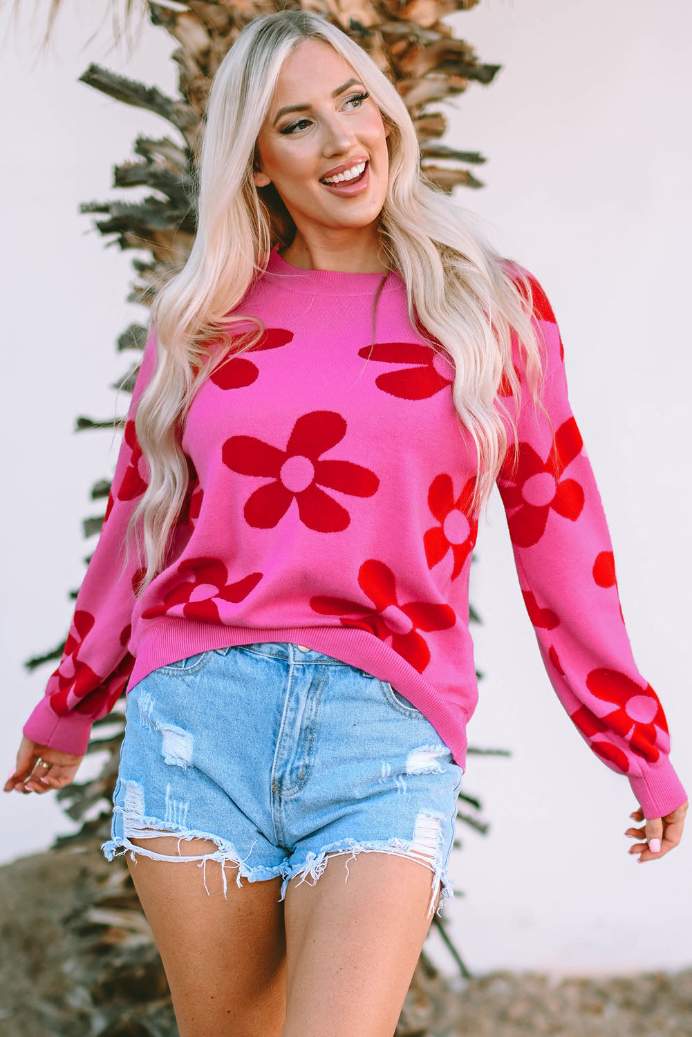 Big Flower Knit Ribbed Trim Sweater | Rose